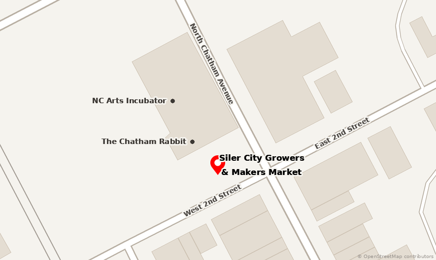 Map showing the market at 223 N Chatham Ave, Siler City, in the courtyard beside the NC Arts Incubator and The Chatham Rabbit